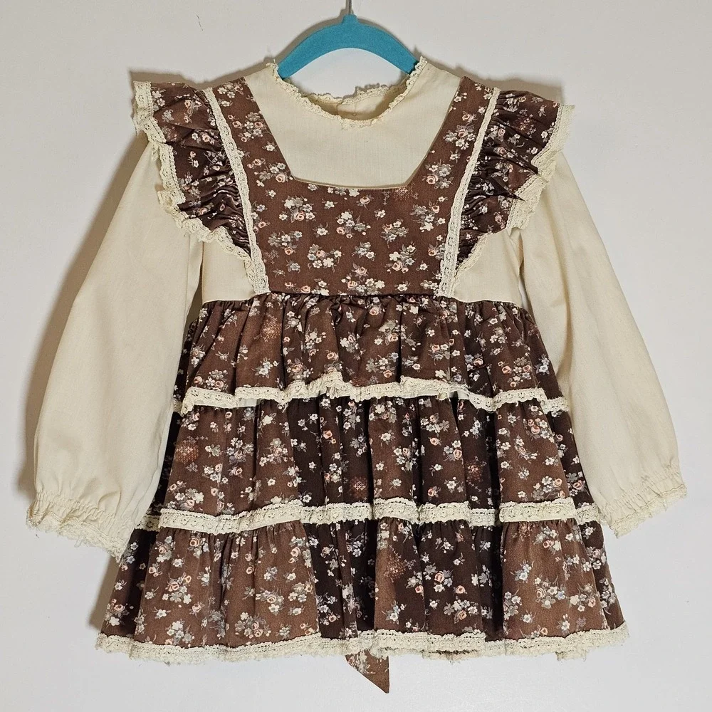 Vintage Dress Girls 6 Brown Floral Ruffle Lace Jumper Style Prairie Cottage Doll